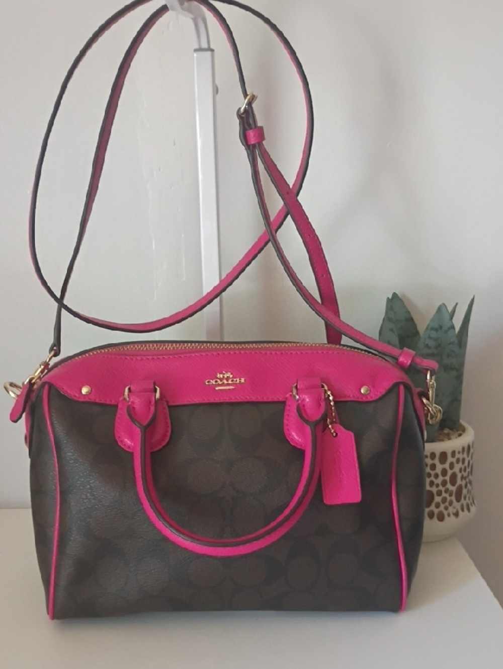 Coach Brown Signature Satchel with Hot Pink Trim